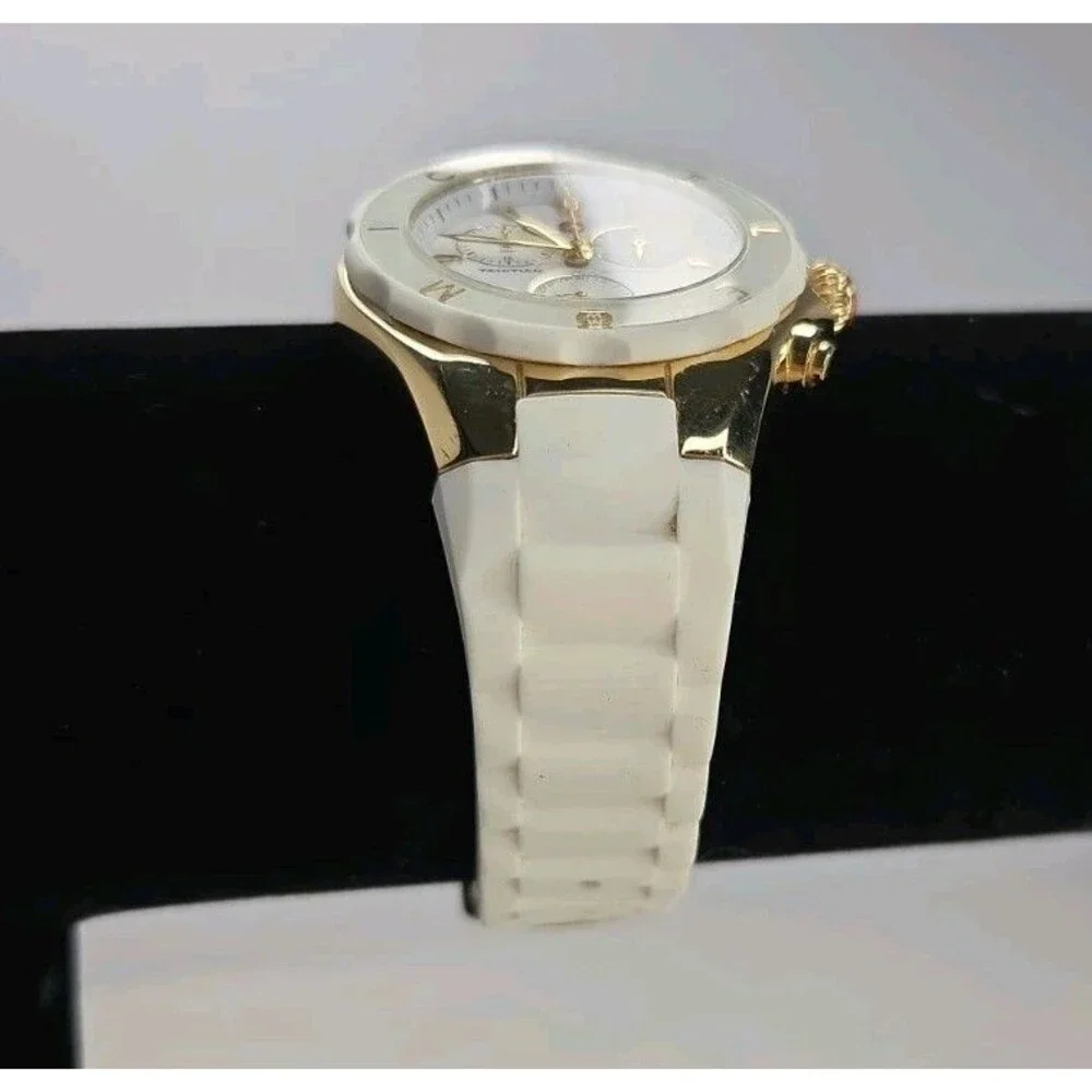 MICHELE JELLY BEAN TAHITIAN CHRONOGRAPH Watch GOLDTONE WHITE SILICONE BAND EUC - Picture 2 of 16